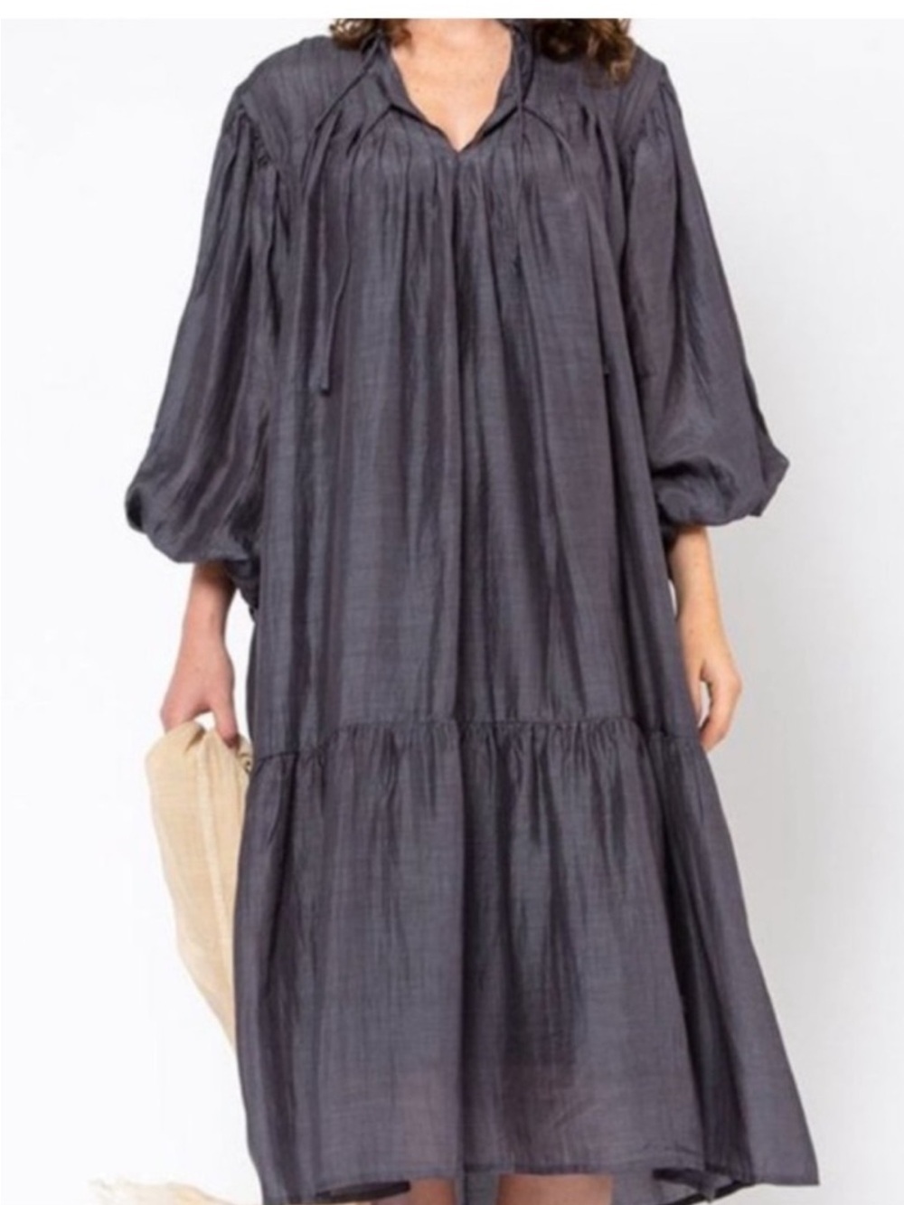 Matta Phool Women's Charcoal Long Sleeve Tiered Light Midi Dress